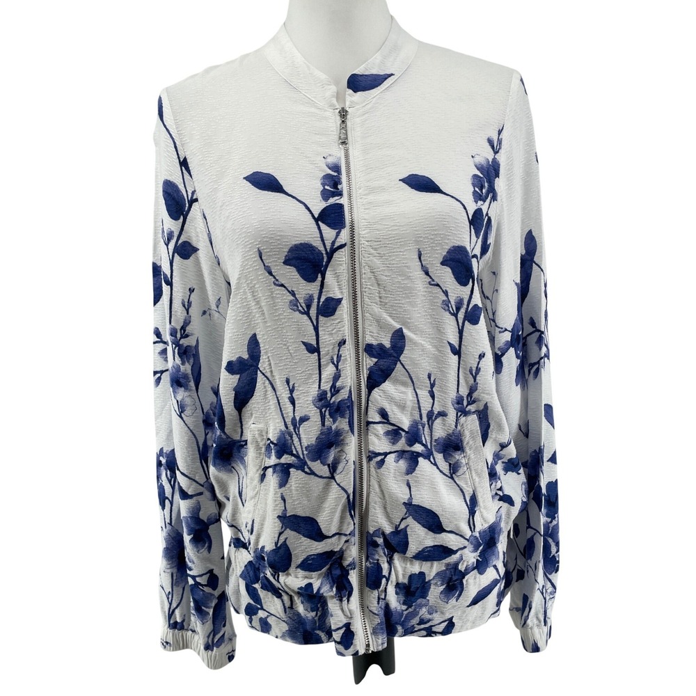 Chico's Floral Full Zip Top Women Small White Blue Cottage Country Boho Jacket‎